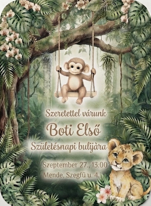 Meghívó: Szeretettel várunk Boti első születésnapi bulijára. Szeptember 27., 13:00, Mende, Szegfű u. 4.